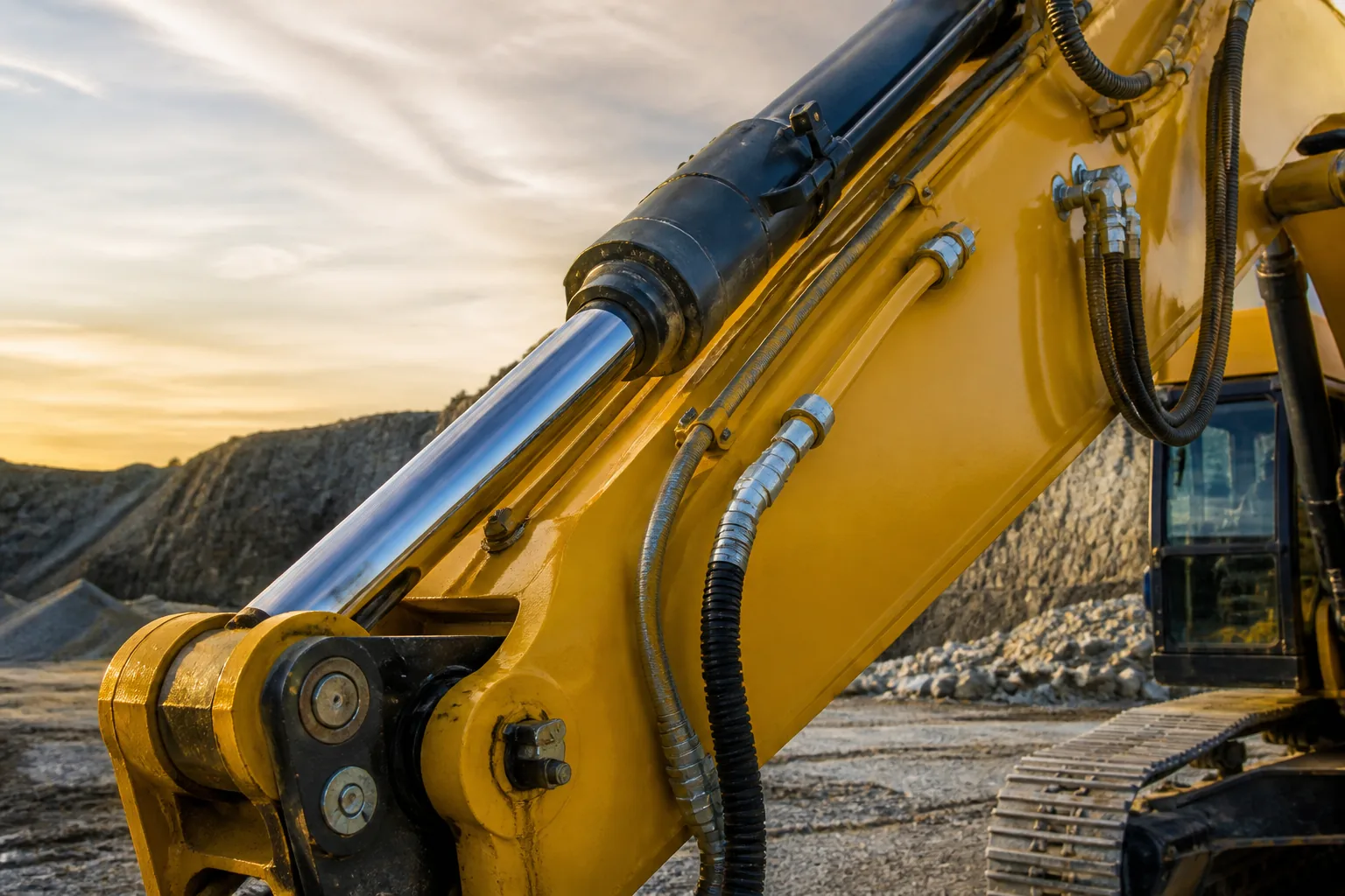 Excavator boom hydraulic cylinder and hoses