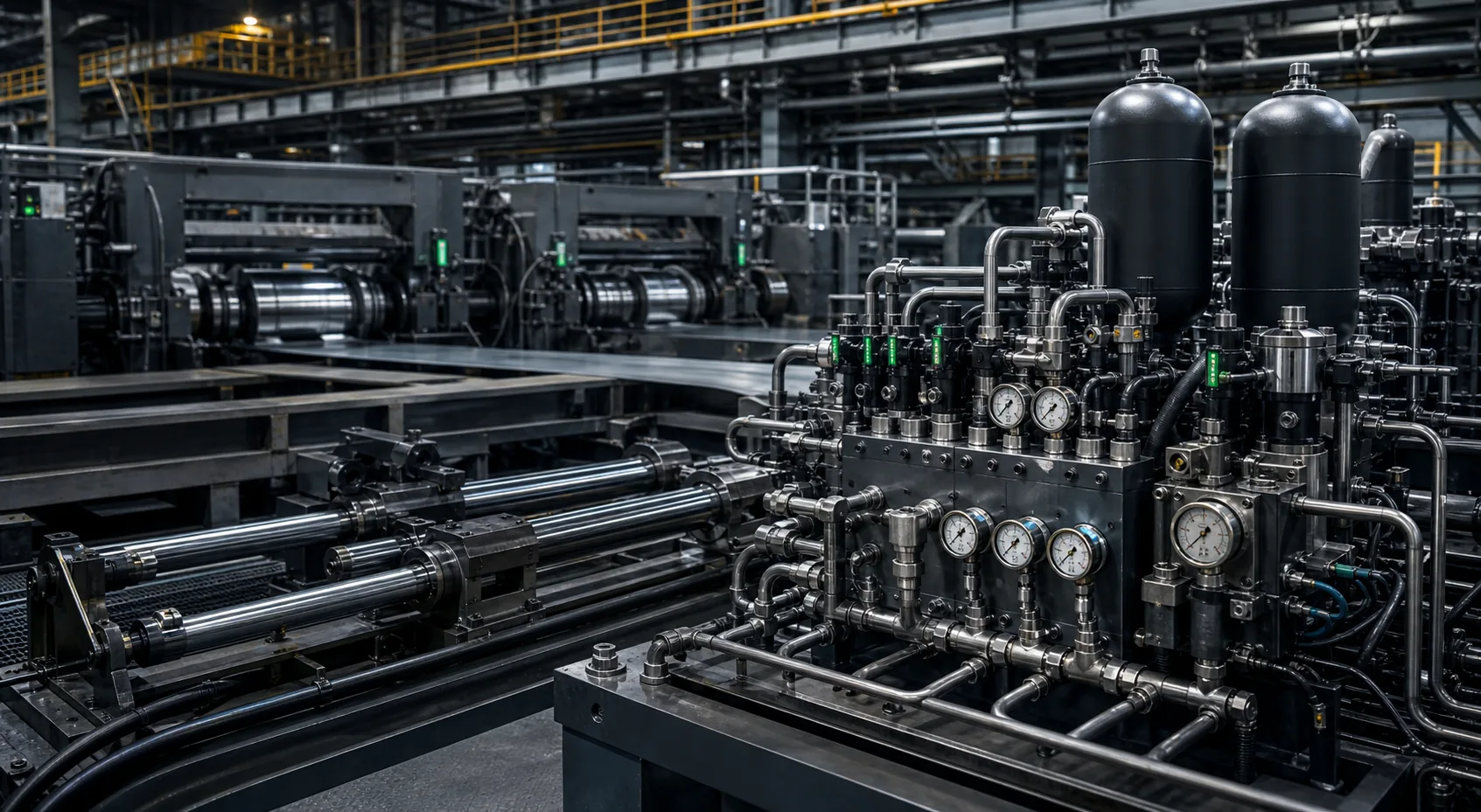 Hydraulic manifold and cylinder system in a steel plant