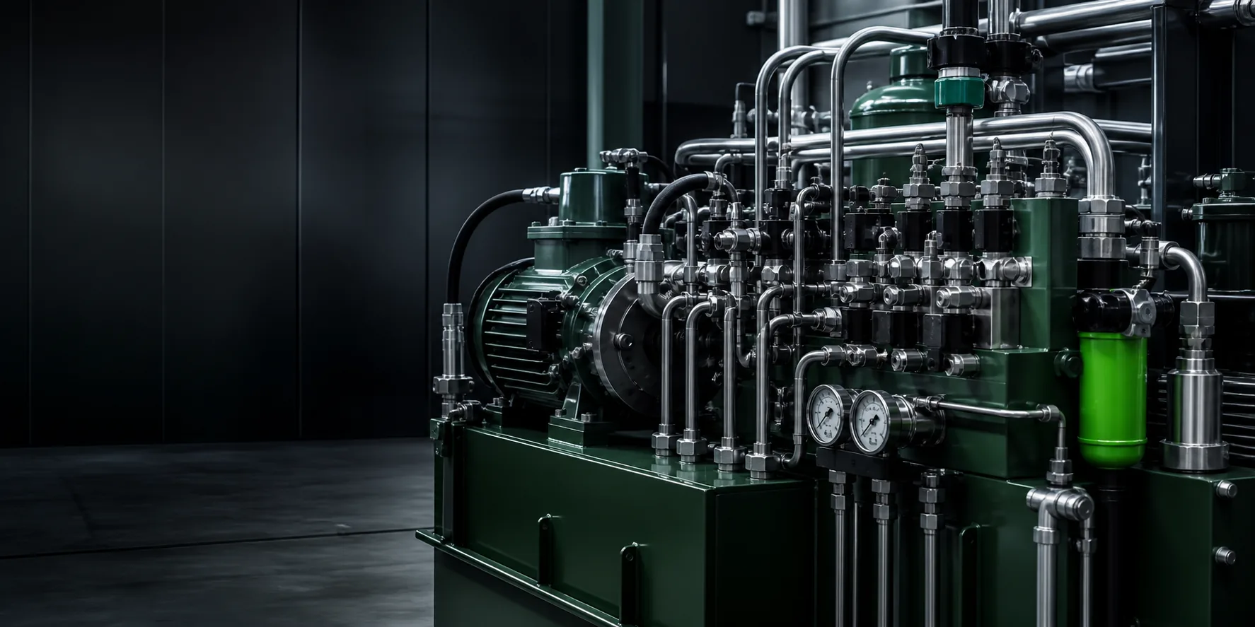 Hydraulic power unit with pumps, valve manifold and steel pipework