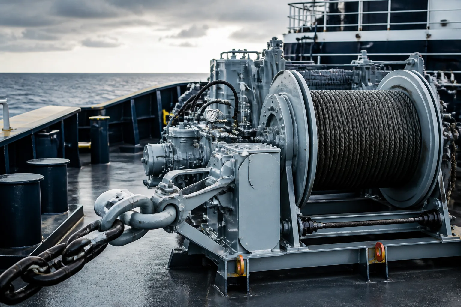 Hydraulic winch and deck machinery on a commercial vessel
