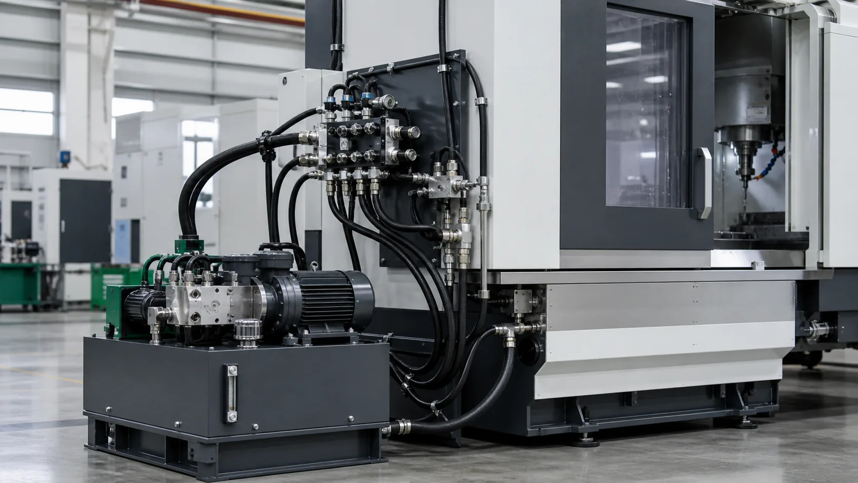 Hydraulic power system and manifold integrated with a CNC machine
