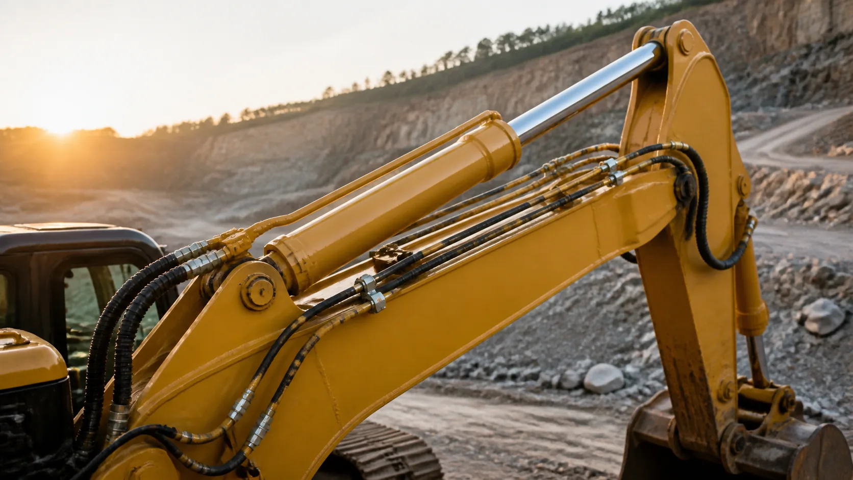 Excavator boom with hydraulic cylinder, hoses and fittings at a quarry