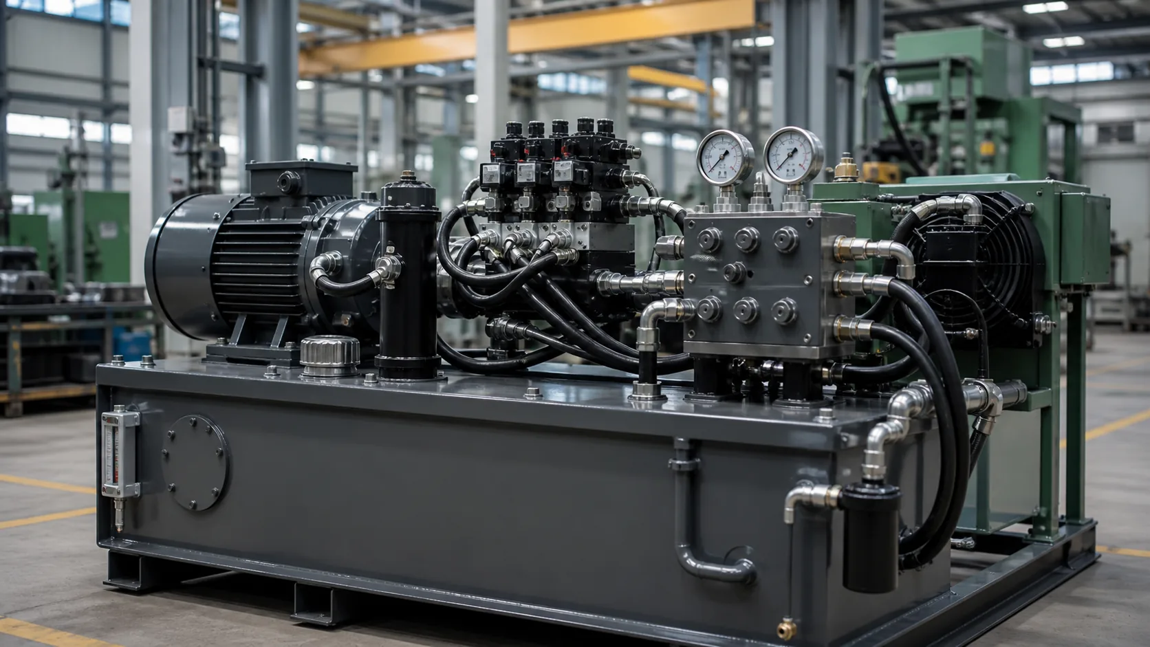 Modern hydraulic power unit with pumps, manifold, gauges and hoses