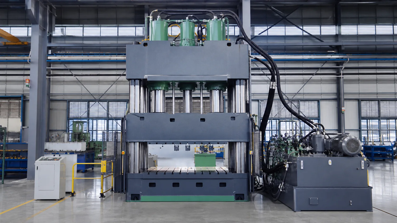 Large hydraulic press with cylinders and power unit in a factory