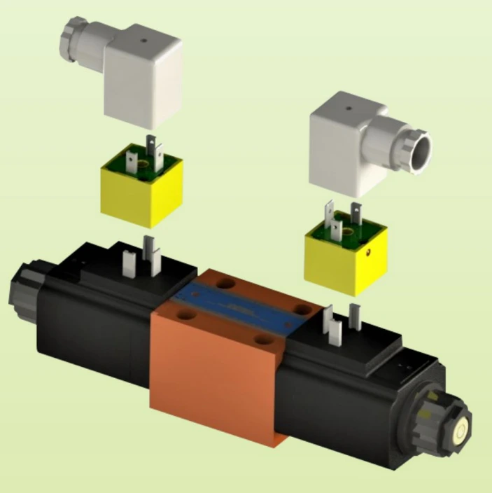 Yuken PS-DSG-01 valve with power saving adapters and connectors in an exploded view