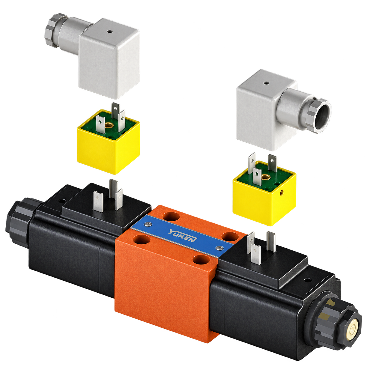 Yuken PS-DSG-01 valve with power saving adapters and connectors in an exploded view